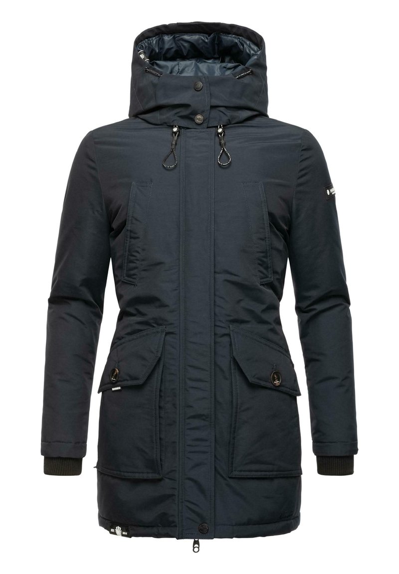 Navy blue padded parka jacket featuring a high collar, adjustable drawstrings, two front pockets, and ribbed cuffs. Smooth, durable fabric.