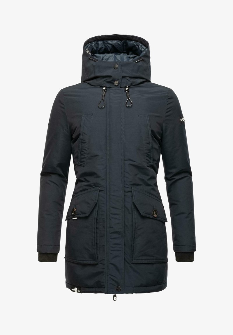 Navy modra podložena parka jakna z visokim ovratnikom, nastavljivimi vrvicami, dvema sprednjima žepoma in rebrastimi manšetami. Gladka, trpežna tkanina.