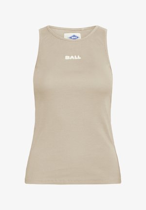 Top sin mangas en beige hecho de tela acanalada, con un escote redondeado y un logo blanco de "BALL" en la parte delantera. Textura suave.