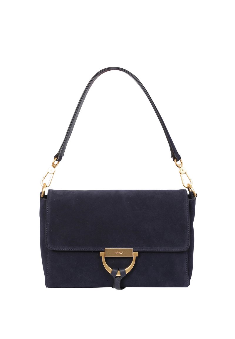 Marineblaue Wildlederhandtasche mit klappbarer Lasche, goldfarbenen Beschlägen und abnehmbarem Leder-Schulterriemen. Verfügt über ein rundes Akzentdetail vorne.