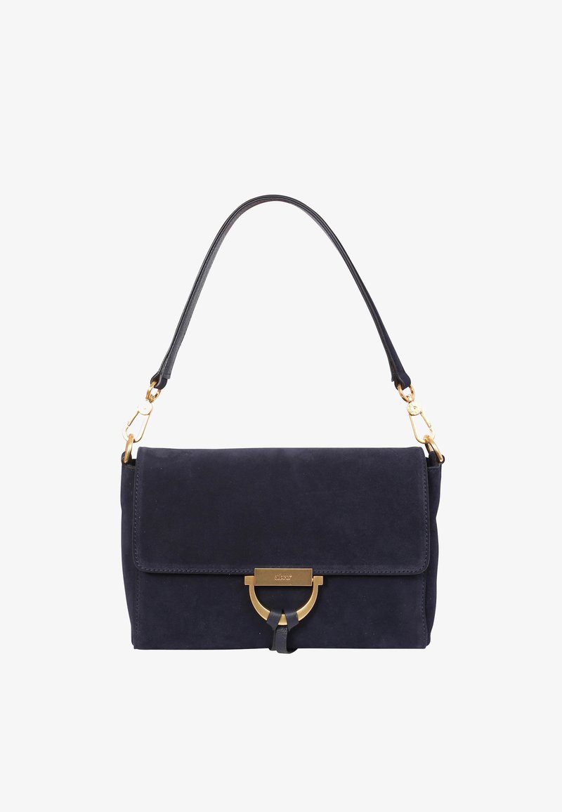 Marineblaue Wildlederhandtasche mit klappbarer Lasche, goldfarbenen Beschlägen und abnehmbarem Leder-Schulterriemen. Verfügt über ein rundes Akzentdetail vorne.