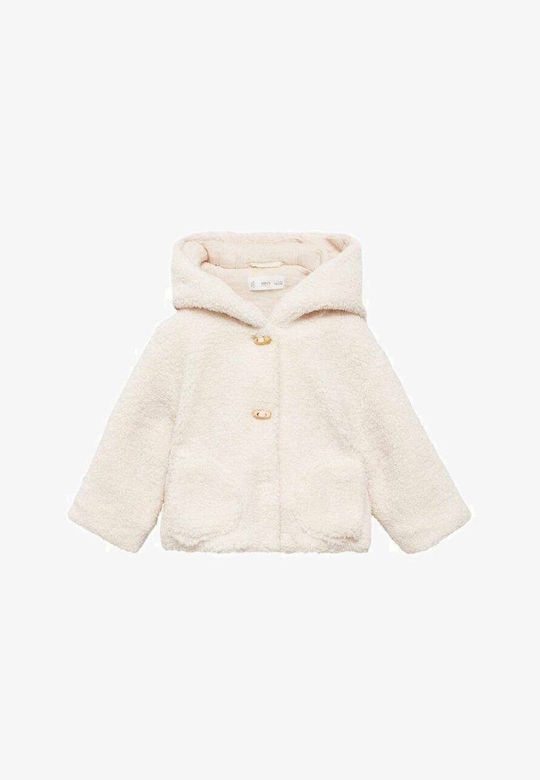 Kremowa kurtka z kapturem wykonana z pluszowego materiału, z dwoma kieszeniami z przodu i trzema ozdobnymi złotymi guzikami z przodu.