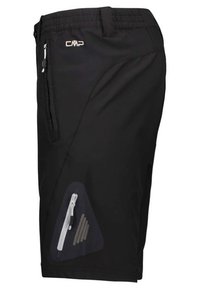 Svarta shorts med resårmidja, sidofickor med dragkedja och en accentficka i triangulär form med dragkedjestängning.
