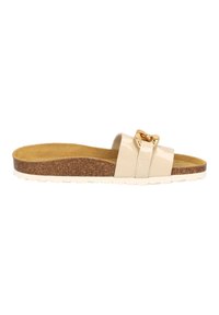 Infradito in patinato beige con accentuazione a catena in tonalità oro, soletta in sughero e suola testurizzata per una buona aderenza. Design piatto con punta aperta e lati aperti.