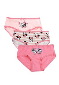 Set van drie roze meisjes katoen slipjes. Kenmerken zijn onder andere verschillende Minnie Mouse ontwerpen, strikjes en contrasterende detail in de tailleband.