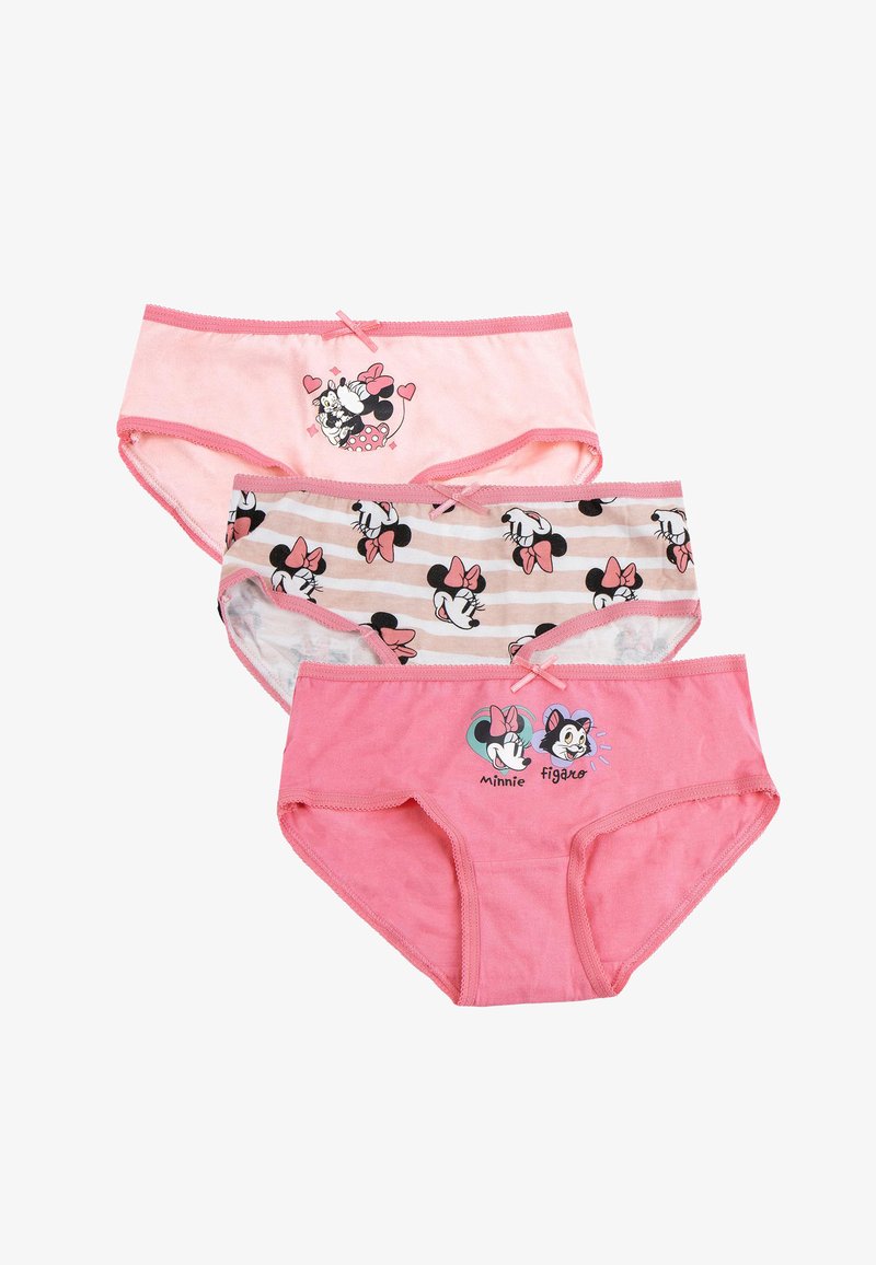 Set van drie roze meisjes katoen slipjes. Kenmerken zijn onder andere verschillende Minnie Mouse ontwerpen, strikjes en contrasterende detail in de tailleband.