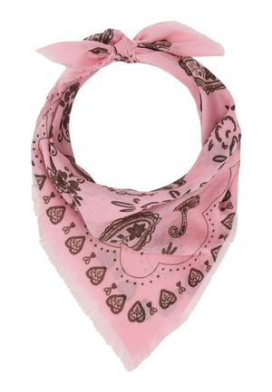 Bandana rose avec motifs cachemire marron et cœurs, noué en haut, bords légèrement effilochés.