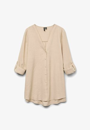 Beige knoopblouse met een V-hals, lange opgerolde mouwen en een losse pasvorm. Gemaakt van lichtgewicht, gestructureerde stof.