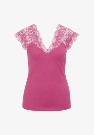 Rózsaszín, bordázott felső V-nyakkal, virágos csipke díszítéssel a vállakon. Puha textúra, karcsú szabás.