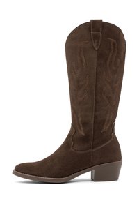 Brown suede cowboy boot with decorative stitching, medium block heel, and pull tab on a white background.