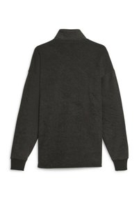 Pullover lungo grigio scuro con maniche lunghe e colletto alto, realizzato in tessuto morbido. Presenta polsini a costine e una finitura liscia e strutturata.