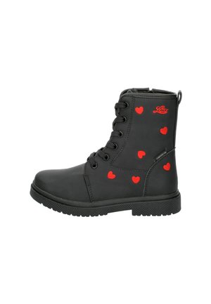 Black lace-up ankle boot with red heart patterns and red brand logo on the side, featuring a low heel and textured sole.