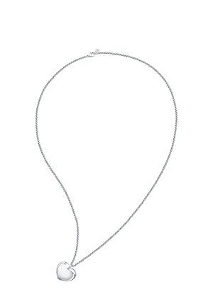 Collana con pendente a forma di cuore in argento, dotata di una catena attorcigliata, caratterizzata da una superficie liscia e lucida e un design minimalista. Chiusura a gancio.
