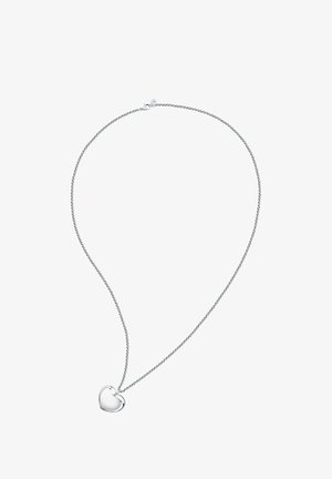Collana con pendente a forma di cuore in argento, dotata di una catena attorcigliata, caratterizzata da una superficie liscia e lucida e un design minimalista. Chiusura a gancio.