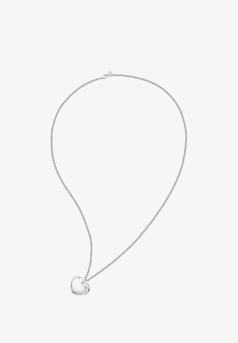 Collana con pendente a forma di cuore in argento, dotata di una catena attorcigliata, caratterizzata da una superficie liscia e lucida e un design minimalista. Chiusura a gancio.