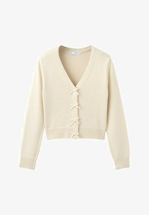 Cardigan in maglia color crema con maniche lunghe, scollo a V, lunghezza corta e quattro piccoli fiocchi come chiusura sul davanti.