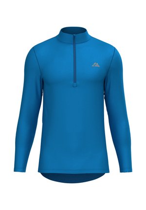 Langsleeve, zip-kraag top in levendig blauw. Zachte, rekbare stof met een gladde textuur. Subtiel logo gedrukt in een lichtere tint op de borst.