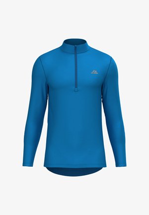 Langsleeve, zip-kraag top in levendig blauw. Zachte, rekbare stof met een gladde textuur. Subtiel logo gedrukt in een lichtere tint op de borst.