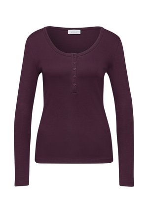 Ciemnoczerwona, długosleeve'owa bluzka henley wykonana z miękkiego materiału prążkowanego, z dekoltem w serek i pięcioma guzikami.