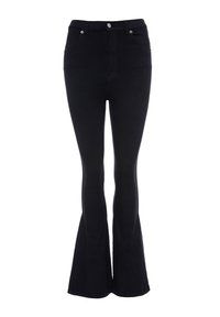 Sorte jeans med høj talje, forlommer, knaplukning og udvidede ben mod bunden.