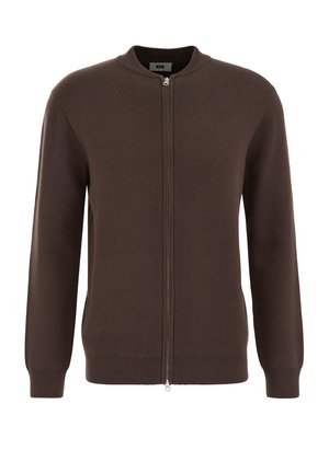 Pruun kudumiga kardigan, millel on tõmblukk ees, ribikraed ja varrukaotsad ning sile tekstuur. Omab klassikalist lõiget ja minimaalset disaini.