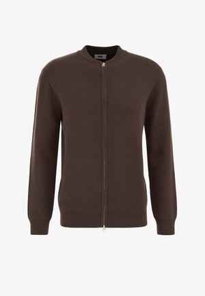 Pruun kudumiga kardigan, millel on tõmblukk ees, ribikraed ja varrukaotsad ning sile tekstuur. Omab klassikalist lõiget ja minimaalset disaini.