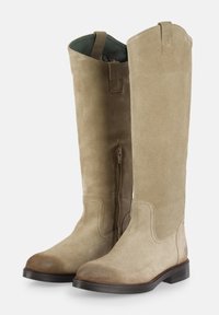 Knöchelhoche, beige Wildlederstiefel mit glatter Textur, seitlichem Reißverschluss und brauner Gummisohle. Besitzt ein einfaches, strukturiertes Design ohne Verzierungen.