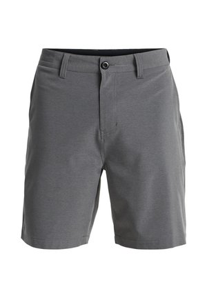 Grå shorts lavet af et glat stof. Har en knaplukning, bæltestropper og frontlommer. Simpelt design med lige snit og uden mønstre.