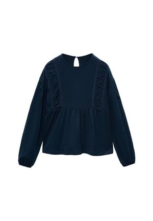 Donkerblauwe blouse met lange mouwen en ronde hals, met ruches op de voorpanelen, eenGathered taille en een keyhole-knopenluiting aan de achterkant van de hals.