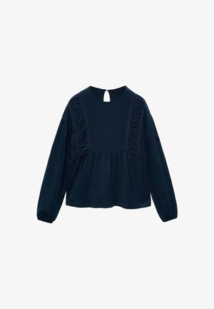 Marineblaue Bluse mit langen Ärmeln, Rundhalsausschnitt, Rüschendetails an den Vorderpanelen, geraffter Taille und Schlitzknopfverschluss am hinteren Halsausschnitt.