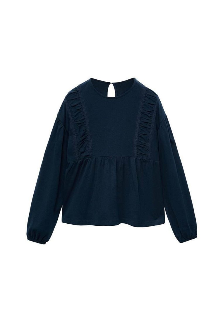 Blusa a maniche lunghe blu navy con scollo rotondo, dettagli a volant sui pannelli frontali, vita arricciata e chiusura con bottone a chiave sul retro dello scollo.