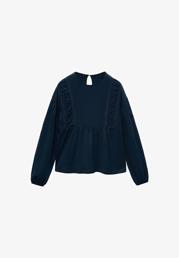 Blusa a maniche lunghe blu navy con scollo rotondo, dettagli a volant sui pannelli frontali, vita arricciata e chiusura con bottone a chiave sul retro dello scollo.