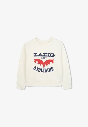 Kremowy sweatshirt z granatowym i czerwonym nadrukiem graficznym. Posiada rękawy raglanowe oraz ściągacze przy dekolcie i mankietach. Nadrukowany tekst brzmi "ZADIG 1997 & VOLTAIRE."