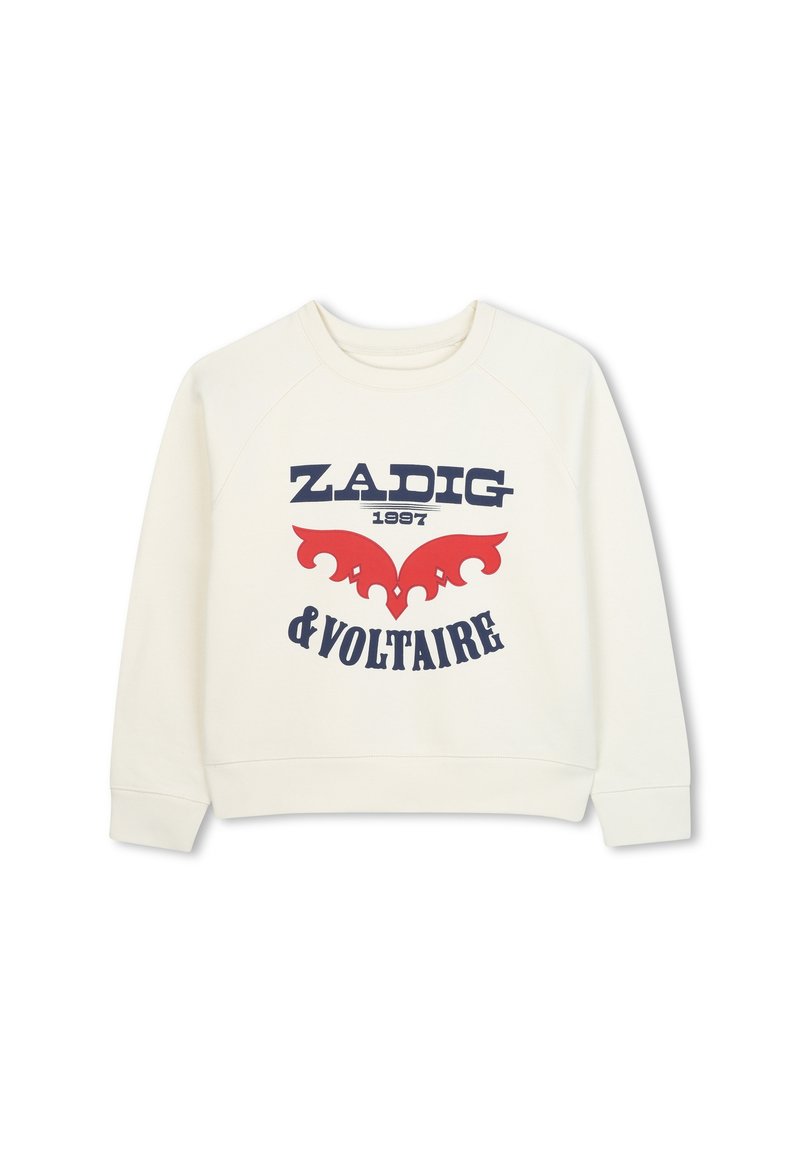 Kremowy sweatshirt z granatowym i czerwonym nadrukiem graficznym. Posiada rękawy raglanowe oraz ściągacze przy dekolcie i mankietach. Nadrukowany tekst brzmi "ZADIG 1997 & VOLTAIRE."