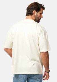Baumwoll-T-Shirt mit Rundhalsausschnitt in Off-White, mit kurzen Ärmeln und lockerer Passform. Die Rückansicht zeigt eine glatte Textur und ein schlichtes Design.