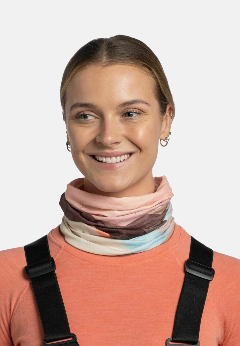 Multicolored neck gaiter with soft, lightweight fabric. Features pastel pink, brown, and blue tones in a smooth, tubular design.
