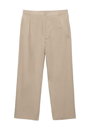 Beżowe spodnie o prostych nogawkach z przednim zapięciem na guzik, zamkiem błyskawicznym, elastycznym pasem i bocznymi kieszeniami na zamek, wykonane z gładkiej tkaniny.