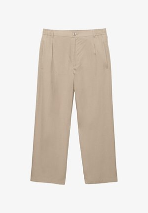 Beige straight-leg pants with front button, zip fly, elastic waistband, and side zippered pockets, made from smooth fabric.