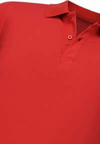 Rode polo met korte mouwen en kraag, met een knoopsluiting van twee knopen, plat weergegeven zonder logo's of patronen.