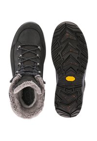 Stivali in pelle nera con una morbida fodera grigia, dotati di componenti in argento, una suola robusta e testurizzata, e lacci grigio scuro per una chiusura sicura.