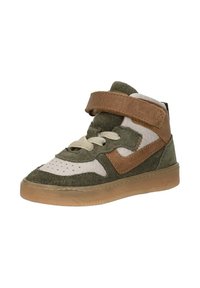Hoge sneaker met olijfgroene stof, bruine leren accenten, witte mesh panelen en een klittenbandsluiting met veters.