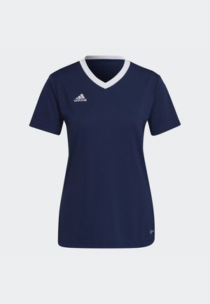 Navy blue athletic shirt with a V-neck, short sleeves, and white collar. Features the adidas logo in white on the left chest. Soft fabric.