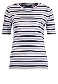 Camiseta a rayas en azul marino y crema, con mangas cortas, cuello redondo y una forma ajustada con una textura de punto suave.