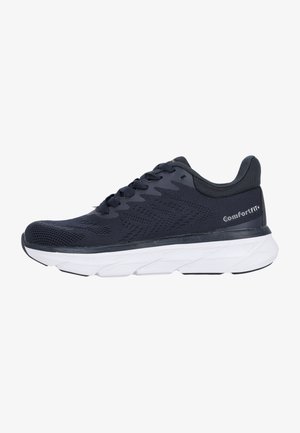 Marineblauwe hardloopschoenen met een ademend mesh-bovenwerk, een gestructureerd design, een gevoerde kraag en een witte, gevoerde zool voor comfort en ondersteuning.