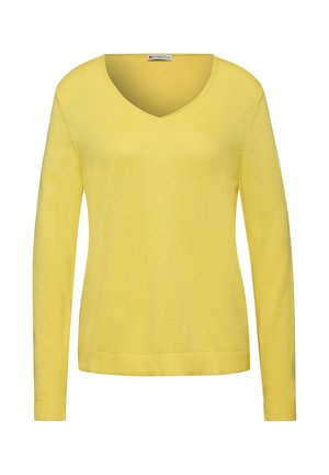 Maglione giallo a V con maniche lunghe, realizzato in un tessuto morbido, con polsini e orlo a coste, che offre una superficie liscia e un colore uniforme.