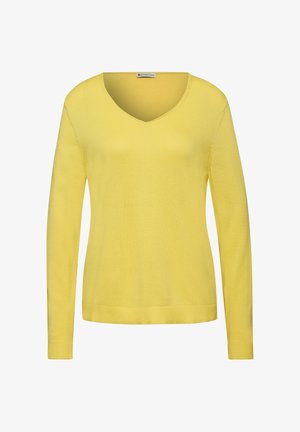 Gul V-hals sweater med lange ærmer, lavet af blødt stof, med ribbede mansjetter og kant, der tilbyder en glat tekstur og ensartet farve.