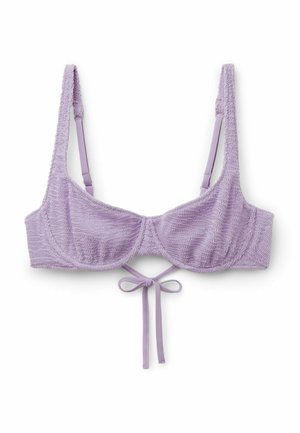 Hellviolettes, strukturiertes Bikinioberteil mit verstellbaren Trägern und vorderer Knotenbindung auf weißem Hintergrund.