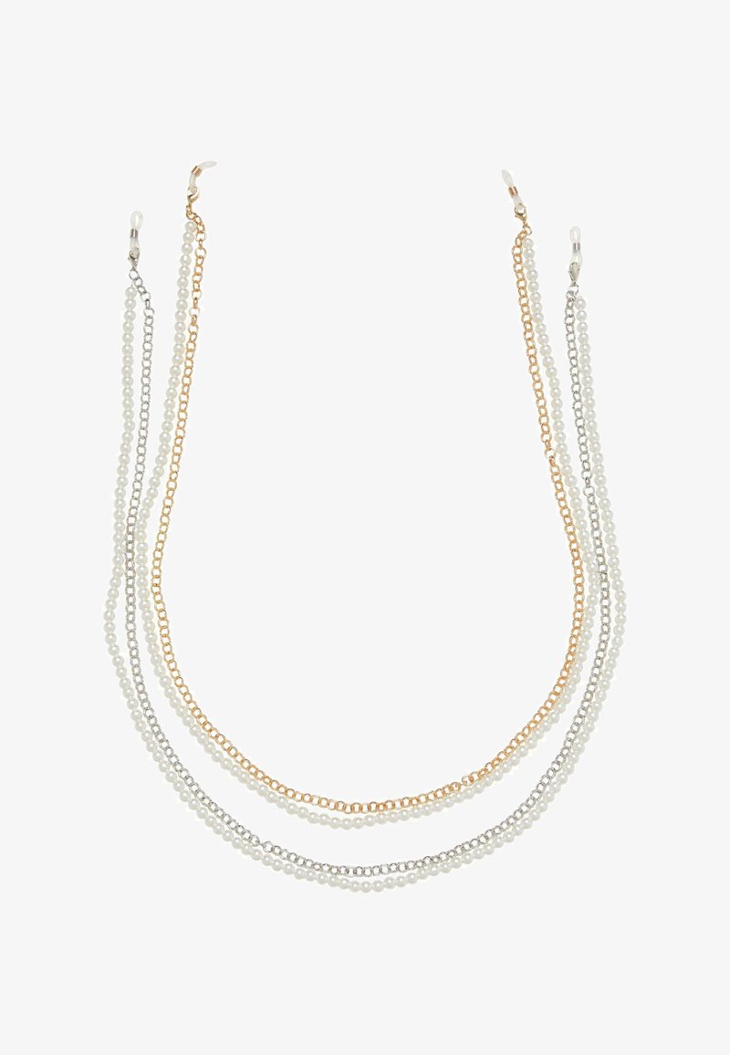 Náhrdelník s multicolor řetězem, který se skládá ze tří řad: zlatého řetězu, stříbrného řetězu a perlového pramene. Doplňky zahrnují hladké korálky a články.