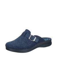 Dunkelblaue Filzclogs mit abgerundetem Zeh, verstellbarem Schnallenverschluss und strukturierter Oberseite. Mit gepolsterter Innensohle und schwarzem Außensohle.