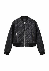 Zwarte gewatteerde bomberjack van leer, met een frontrits, twee met rits afgesloten zakken en geribbelde manchetten en zoom.